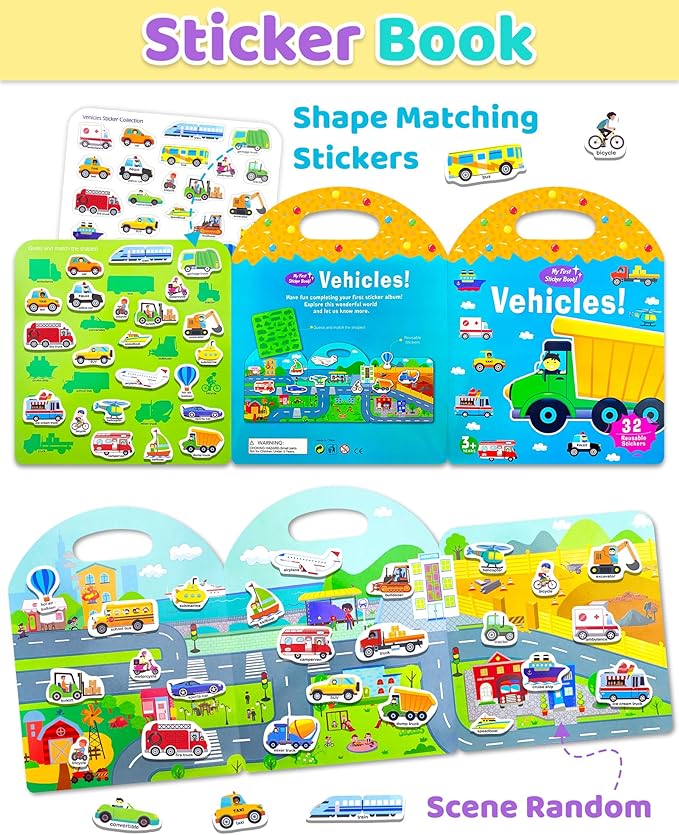Benresive Reusable Sticker Book for Toddlers, Travel Stickers for Kids, Toddler Crafts Activities Toys, Birthday Gifts for Boys & Girls - Transport
