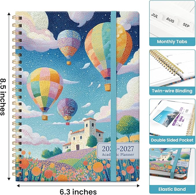 Planner 2026–2027, Academic Monthly Weekly Spiral Calendar, July 2026 – June 2027, Hardcover Agenda Notebook with Tabs, 6.3" x 8.5", Perfect for Students, Teachers, School & Daily Planning - Balloon Valley