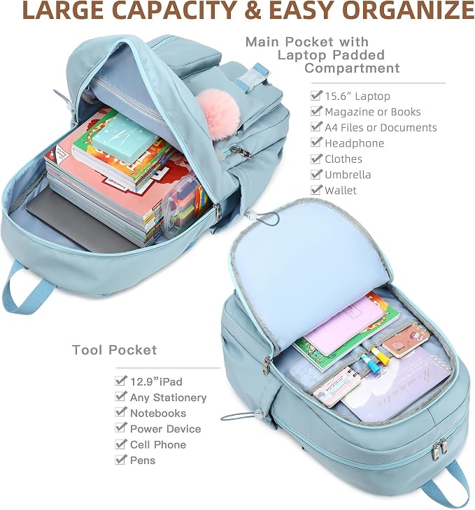LXYGD Laptop Backpack 15.6 Inch Kids Elementary Middle High School Bag College Backpacks Anti Theft Travel Back Pack Large Bookbags for Teens Girls Women Students (Blue)