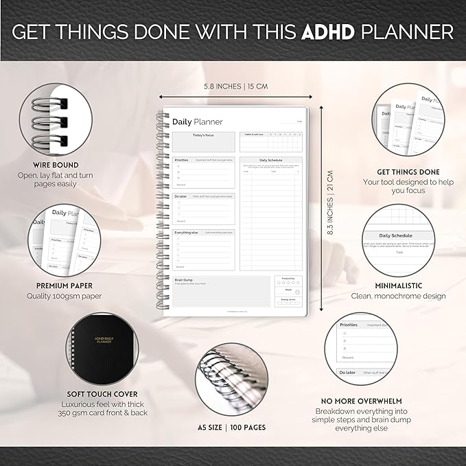 ADHD Daily Planner for Neurodivergent Adults - Productivity Daily Planner & Task Management to Stay Organized and Focused (Mono)