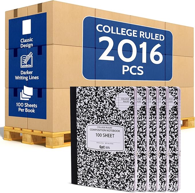 2016 Pack (Pallet) EPI College Ruled Composition Notebook Bulk, 200 pages (100 Sheets), 9-3/4 x 7-1/2, Black Marble, Bulk School Supplies, Heavy Duty, Durable Office Notebooks, Sturdy Sewn Binding
