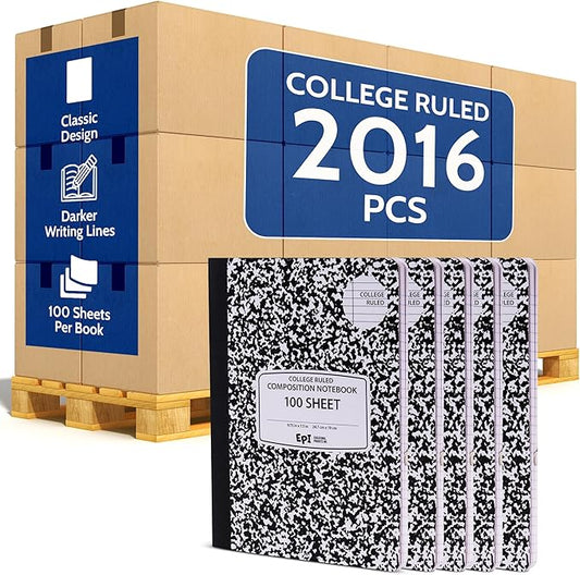 2016 Pack (Pallet) EPI College Ruled Composition Notebook Bulk, 200 pages (100 Sheets), 9-3/4 x 7-1/2, Black Marble, Bulk School Supplies, Heavy Duty, Durable Office Notebooks, Sturdy Sewn Binding