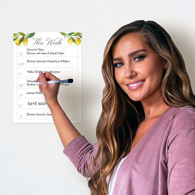 Dry Erase Weekly Calendar Planner Sticker Decal | Removable & Reusable | Magnetic Fine-Tip Marker Included (9 x 12 inches, Lemon Fresh)