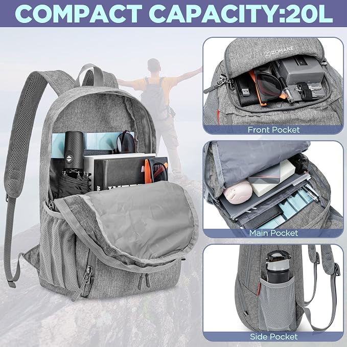 ZOMAKE Lightweight Packable Backpack, 20L Small Foldable Daypack for Hiking | Water Resistant Collapsible Backpacks for Women Men, Everyday Carry, Multi Compartment Storage, Adjustable Strap(Grey B2)