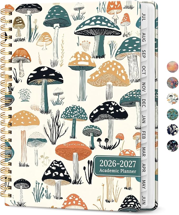 Planner 2026-2027, Academic Year Weekly and Monthly Calender Planner, from Jul 2026 - Jun 2027, Spiral Bound School Planning Book, Perfect for Teacher, Student, Women & Men, A5 (6.3" x 8.5"), Mushrooms Grove