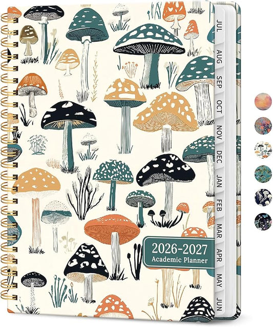 Planner 2026-2027, Academic Year Weekly and Monthly Calender Planner, from Jul 2026 - Jun 2027, Spiral Bound School Planning Book, Perfect for Teacher, Student, Women & Men, A4 (8.5" x 11"), Mushrooms Grove