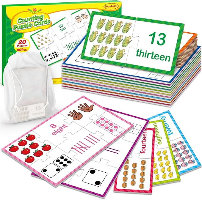 Kasfalci Number Puzzle Flash Cards, 80 PCS Counting Math Flashcards for Kids Toddler, Matching Games, Preschool Kindergarten Activities Classroom Must Haves, Educational Toys