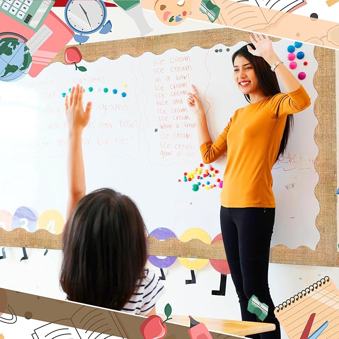 Fuyoooo 49 ft Burlap Magnetic Borders for Classroom Bulletin Board Borders Natural Magnetic Whiteboard Classroom Strips Reusable Rolled Wall Trim for School Teacher Offices Chalkboard