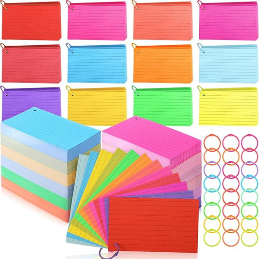 Ctosree 1440 Pcs Back to School Gifts Colored Index Cards with Binder Ring Ruled Flash Cards 12 Color Lined Note 56lb Cover for Studying Memory Office School(3 x 5 Inch,Neon Color)