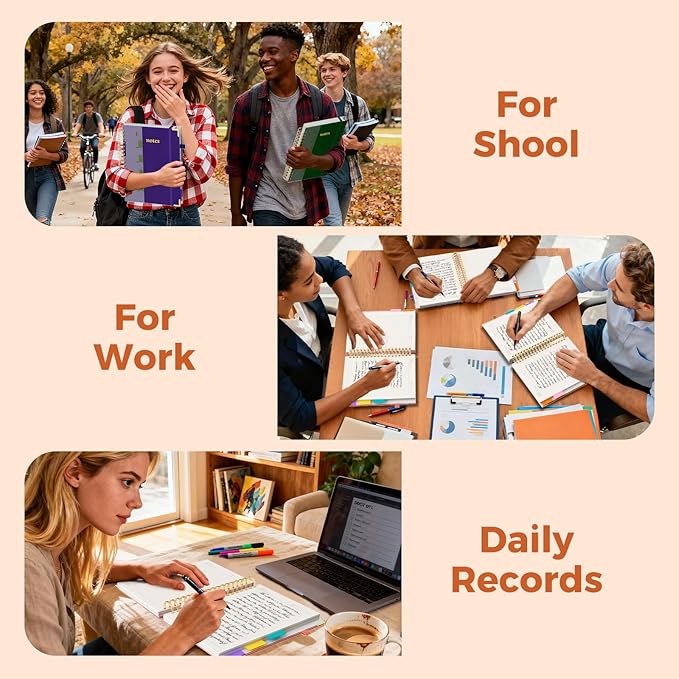Line Hardcover Spiral Notebook with Removable Dividers Tabs & Ruler, 5 Subject Notebook College Ruled, 300 Page, Large 8"x10" B5 Notebooks for Work School, Lined Journal for Women & Men, Purple