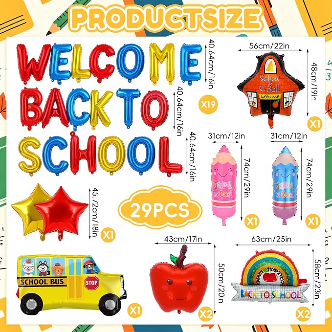 Welcome Back to School Balloons, 29 PCS Back to School Decorations | Back to School Balloon with Letters, School Bus, Apple, Pencil, Rainbow,School and Star Balloons for Classroom Party Supplies