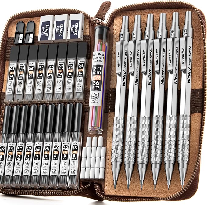 Nicpro 33PCS Metal Mechanical Pencil Set in Leather Case | Art Drafting Pencil 0.3/0.5/0.7/0.9/2mm Lead Pencil Holder for Sketching Drawing With 18 Tube (6B 4B 2B HB 2H 4H Colors) Lead