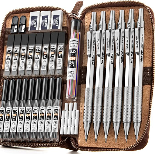 Nicpro 33PCS Metal Mechanical Pencil Set in Leather Case | Art Drafting Pencil 0.3/0.5/0.7/0.9/2mm Lead Pencil Holder for Sketching Drawing With 18 Tube (6B 4B 2B HB 2H 4H Colors) Lead