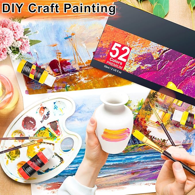 Caliart Acrylic Paint Set, 52 Colors Art Craft Paint Kits, Rich Pigments Non-toxic for Adults Artists Beginners, Canvas Ceramic Wood Rock Painting Supplies with 4 Brushes