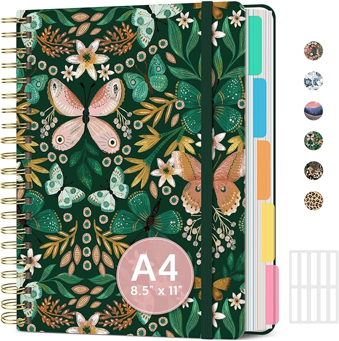 Large Spiral Notebook with Dividers & Tabs, 8.5" x 11" Hardcover 5 Subject Notebook for Work, 280 Pages, College Ruled, Cute Journal for Women, Perfect for Study & Office Note Taking, Butterfly