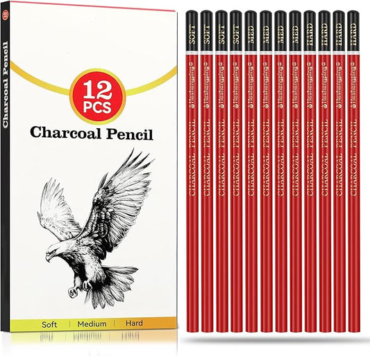 Charcoal Pencils Drawing Set, 12 Pieces Soft, Medium and Hard Black Sketch Charcoal Pencils for Drawing, Sketching, Shading, Blending, Artist Pencils for Beginners & Pro Artists