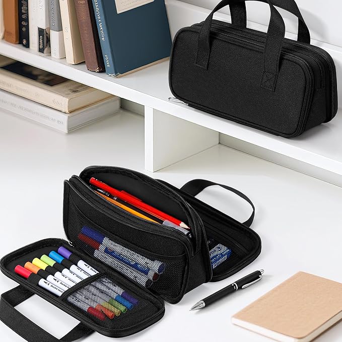 Zannaki Large Pencil Case, Big Capacity Pencil Pouch Pen Bag with 3 Compartment, Portable Canvas Stationery Organizer with Zipper, Cute Aesthetic School Supplies for Teen Girls Boys College,Black