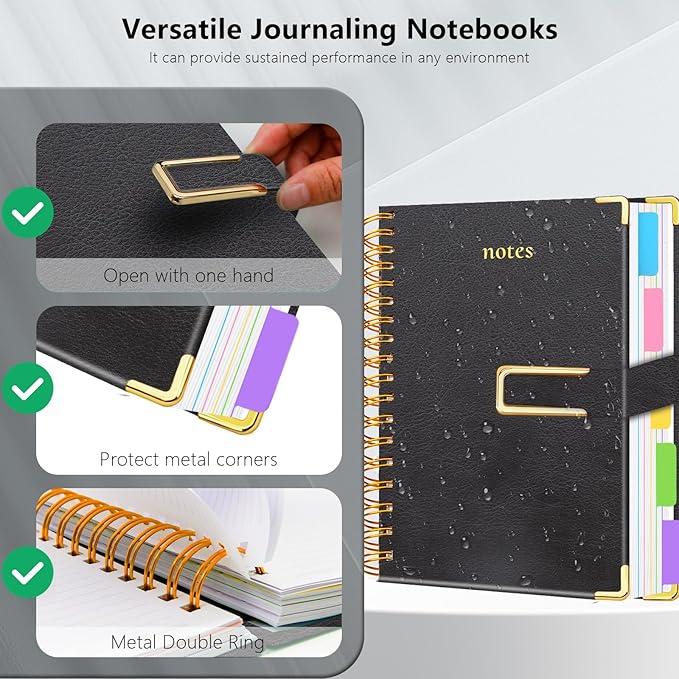 Hardcover Spiral Notebook College Ruled, 6.2"x 8.2" Leather Journal Notebook with Magnetic Closure, 300 Pages 5 Subject Notebook with Dividers Tabs Journal for Women Men, Work, School(Black)