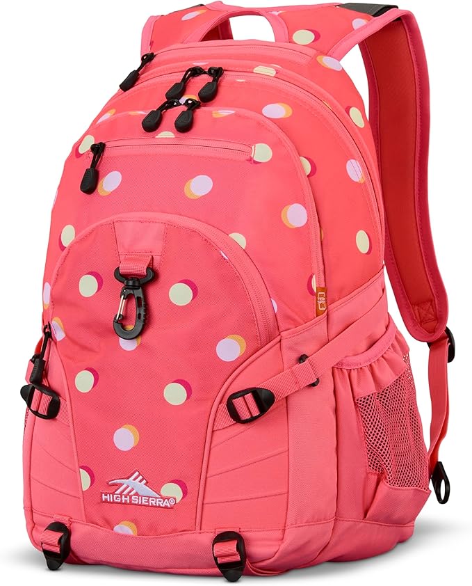High Sierra Loop Backpack, Travel, or Work Bookbag with tablet sleeve, One Size, POLKA DOTS/THRIFT PINK