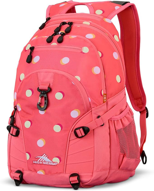 High Sierra Loop Backpack, Travel, or Work Bookbag with tablet sleeve, One Size, POLKA DOTS/THRIFT PINK