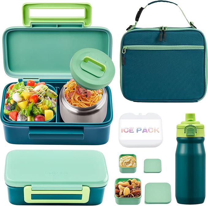 MAISON HUIS Bento Box for Kids with 8oz Soup Thermo, Insulated Lunch Bag & 17oz Water Bottle, 2-Compartment Bento Box with Built-In Ice Pack, Leak-Proof & BPA-Free (Green)
