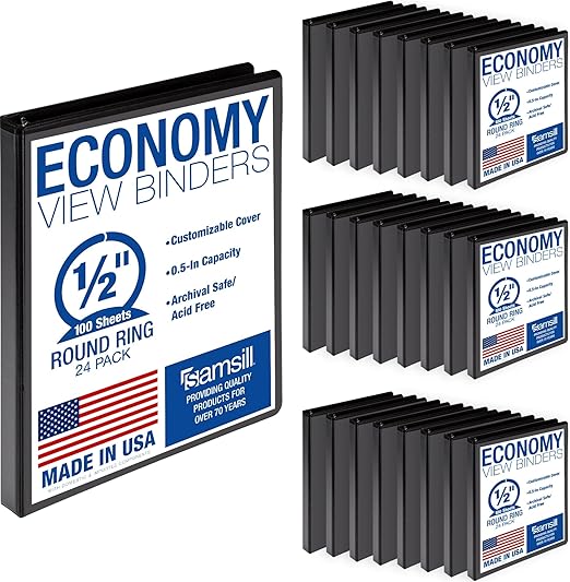 Samsill 0.5 Inch 3 Ring Binders, Economy Round Ring, Clear View Cover, 100 Sheet Capacity - for School, Home, Office - Black, 24 Pack