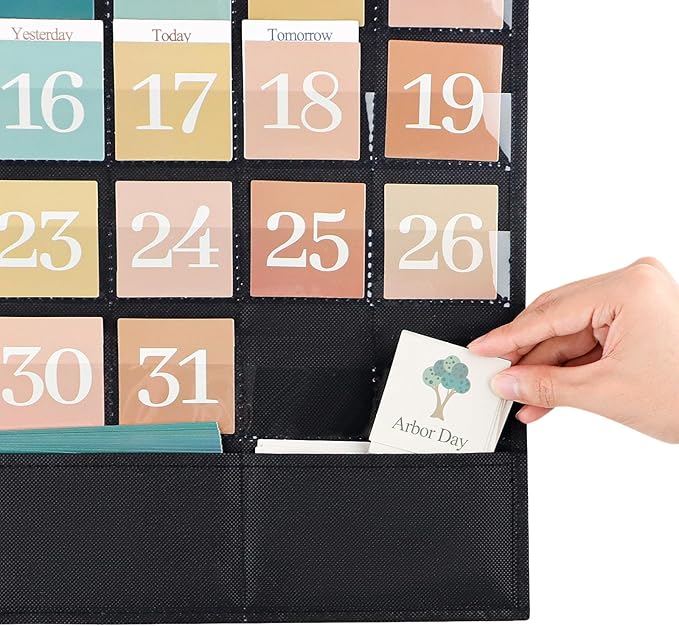 Boho Calendar Pocket Chart for Classroom Cards Add-On School Supplies Teacher Decorations Bulletin Board Pre-K To 6th Grade, Black-2