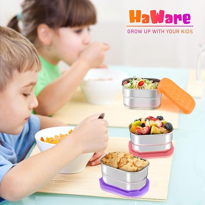 HaWare 8 oz Stainless Steel Snack Containers for Toddlers and Kids, Leak Proof Food Storage Containers with Silicone Lids, Stackable & Reusable Small Metal Lunch Box for Daycare and School- 3 Packs