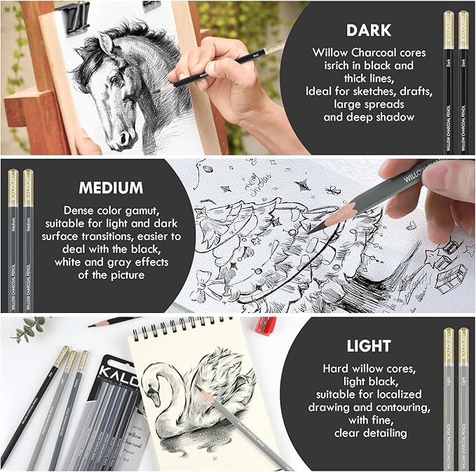 KALOUR PDAS Professional Willow Charcoal Pencil Set - 6 Premium Pencils (Light to Dark Shades) for Drawing, Sketching & Shading, Artist-Grade Tools for Beginners & Professionals