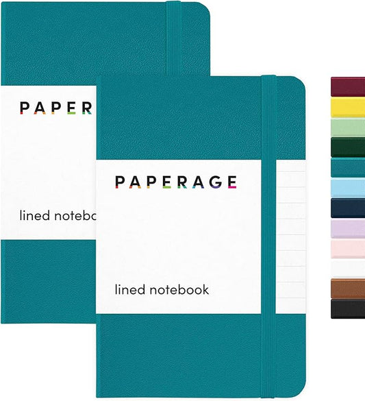 PAPERAGE Lined Pocket Journal Notebook, 2 Pack, (Turquoise), 160 Pages, Small Notebook, 3.6 inches x 5.6 inches - 100 GSM Thick Paper, Hardcover