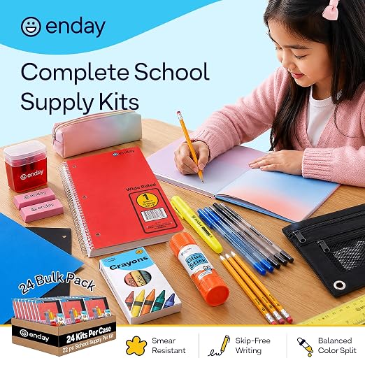 24 Pack Bulk School Supplies for Kids | 22 Piece Back to School Supplies in Each Kit, Premium Quality Kids School Supply for Girls & Boys, Kindergarten, Elementary, K-12 - By Enday