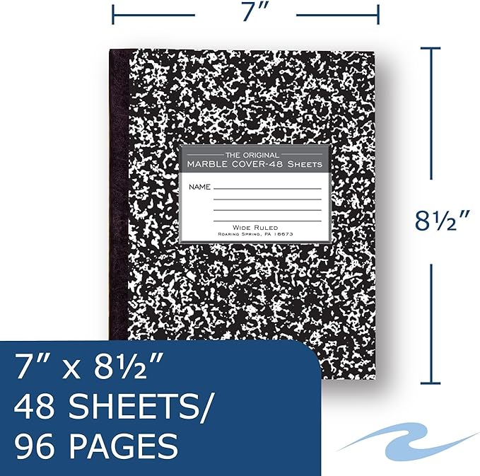 ROARING SPRING Flexible Cover Composition Notebook, 72 Books, Black Marble, Wide Ruled w/Margin, 48 Sheets (96 Pages), 8.5" × 7", Center-Sewn, Made in USA