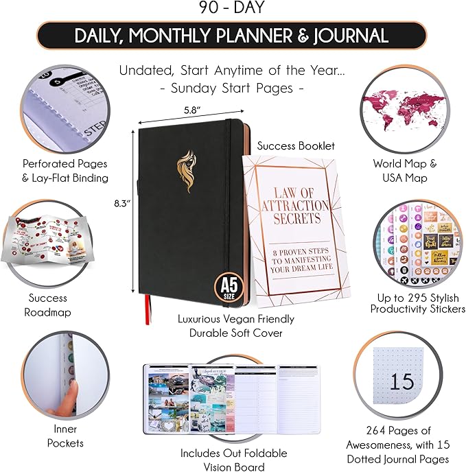 Gratitude Journal for Women and Men — 5 Minute Self Care Journal | Mindfulness, Manifestation, Affirmation | 3 Month Productivity Planner | Undated Daily Planner, Vision Board + Stickers