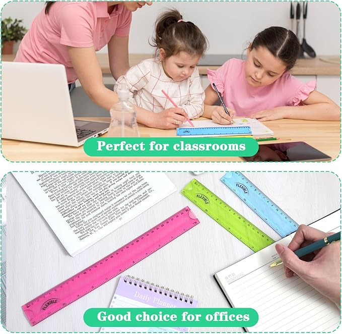 3Pcs Flexible Ruler, 12 Inch Clear Plastic Ruler Soft Bendable Rulers with Centimeters and Inches, for Kids and Adults School Classroom Office Supplies (Red, Green, Blue)