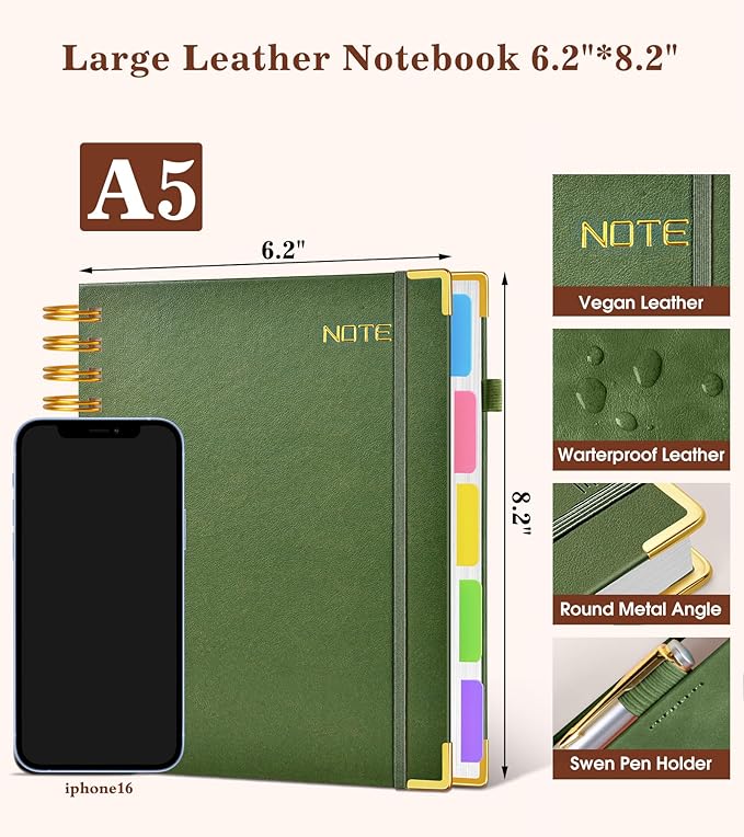 Hardcover Spiral Notebook with Removable Dividers Tabs, 300 pages Leather 5 Subject Notebook College Ruled, 6.2" x 8.2" Journal for Women Men, Small Notebooks for Work School Note taking,A5 Green