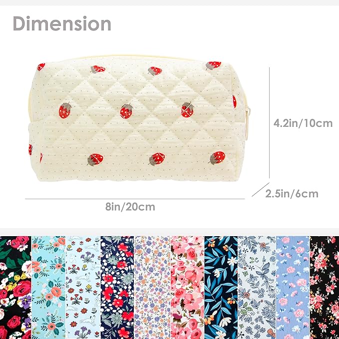PAZIMIIK 6PCS Vintage Quilted Makeup Bag SET Cosmetic Pouch for Brushes Pencils and Travel Make Up Accessories for Women and Girls Gauze Strawberry