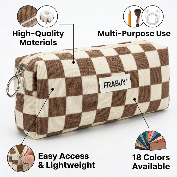 Soft Corduroy Pencil Case Pen Pouch Organizer, Small Stationery Bag | Cute Crown Checkerboard Pouch, Smooth Zipper, Daily Cosmetics Holder, Compact Organizer for School Teen Girls, Women