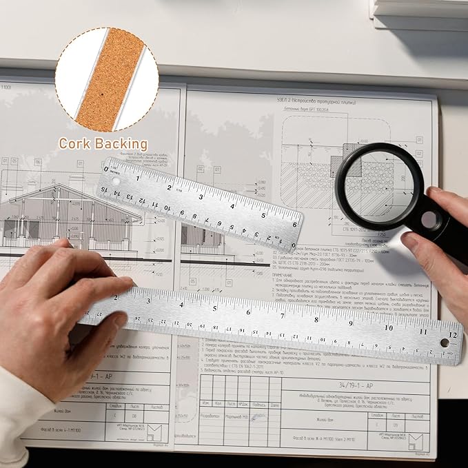 Metal Ruler Cork Backed 6 Inch 12 Inch Stainless Steel Metal Rulers with Cork Backing Non-Slip Straight Edge Ruler with Inch and Centimeters for Student School Office Drafting Tools