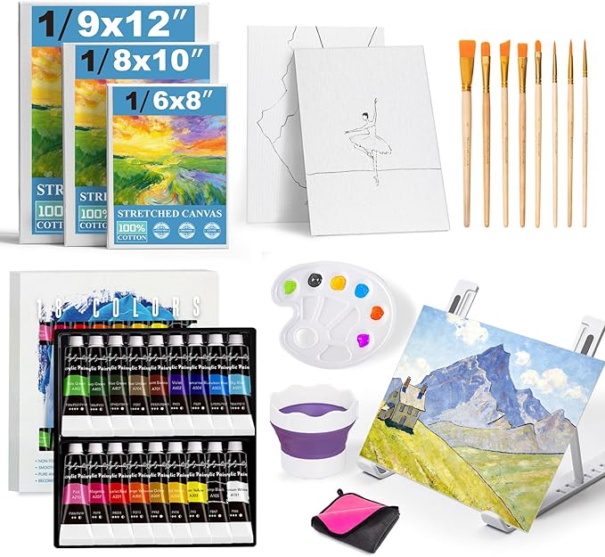Acrylic Paint Set for Kids & Adults, Art Painting Supplies Kit with 18 Acrylic Paints, Paint Brushes, Canvas, Easel