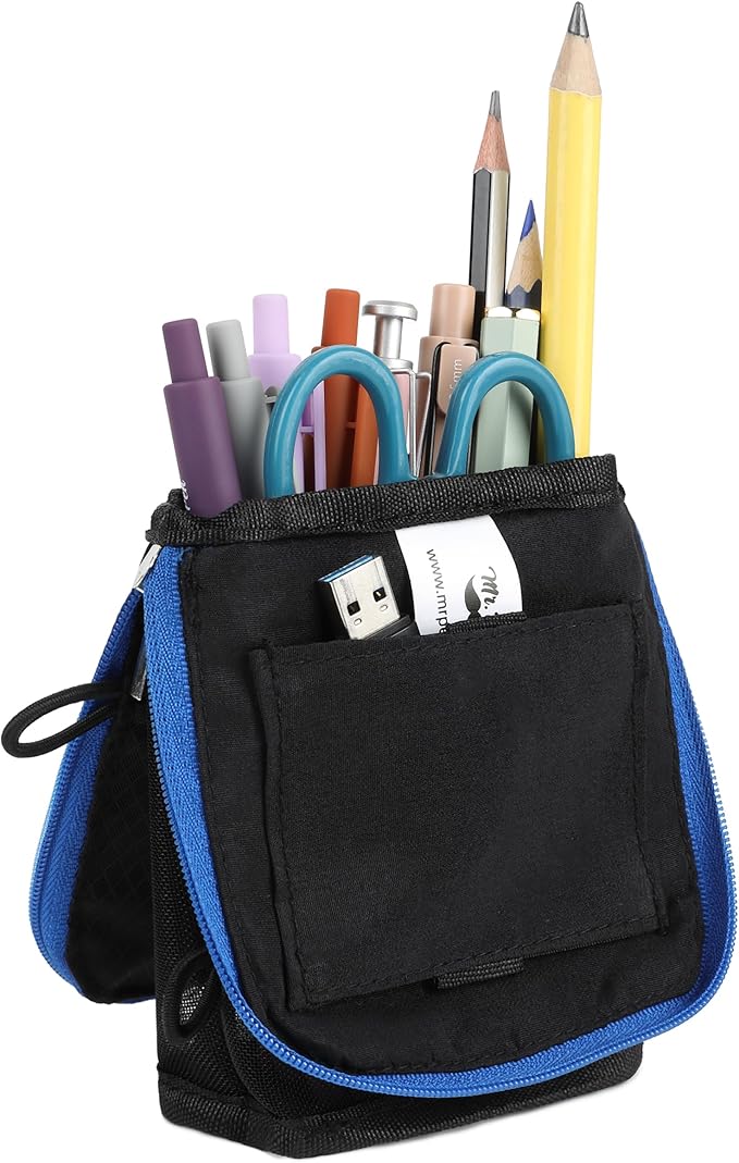 Mr. Pen- Standing Pencil Case Pouch, Sit & Lay Mesh-View Design, Black with Blue Zipper, Interior Pocket & 2 Elastic Binder Loops, Cute Pencil Case for Girls and Boys
