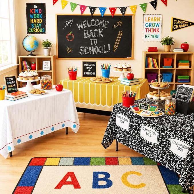 Back to School Supplies, 3PCS Back to School Tablecloths Large Disposable Rectangular Table Cover for Preschool Kindergarten First Day of School Decorations