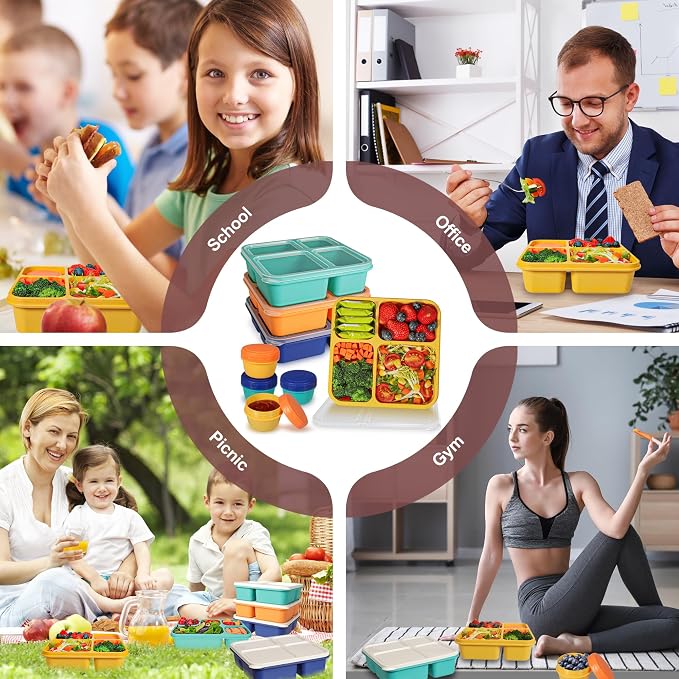 TOUWMX Original 40OZ Lunchable Container with Dressing Container, 4 Compartments Bento Box Lunch Box Microwave Safe Meal Prep Containers Snack Containers for Kids, 4 Pack Lunch Box for Adults