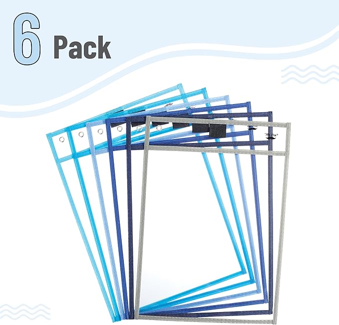 Mr. Pen- Reusable Dry Erase Pocket Sleeves, 10" x 14", 6 Pack, Ocean Breeze Color, Clear Plastic Paper Sleeves, Ticket Holders, Clear Plastic Sheet Protectors, Teacher, School, Classroom Supplies