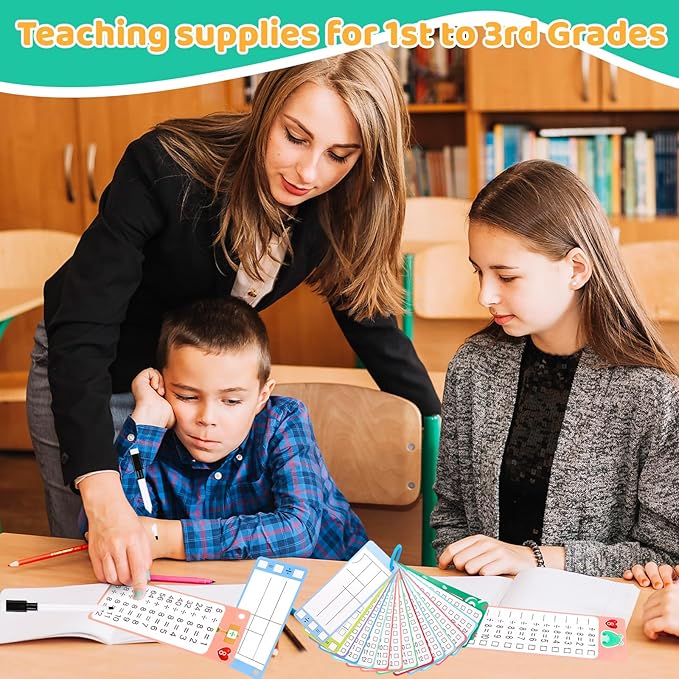 15Pcs Division Flash Cards, Division Chart 1-12 with 2 Dry Erase Pens 1 Rings, Time Table Flash Cards for 1st to 3rd Grades Fun Learning with Math Game
