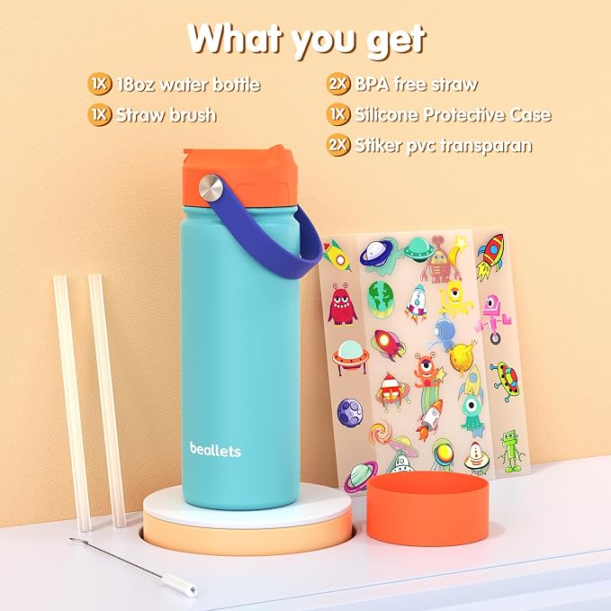 18oz Kids Insulated Water Bottle, Straw Cup | DIY Stickers, BPA-Free, 316 Stainless Steel, Silicone Boot, Keeps Cold 24h, Leak-proof, School, Sports