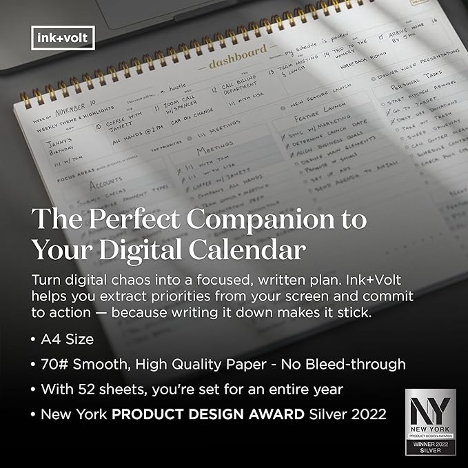 Ink+Volt Dashboard Spiral Deskpad | Undated Weekly Planner Notepad w/ 52 Undated Sheets, Premium Productivity Planner, Minimalist Weekly to do List for Work & Study | A4 Size, Navy - Made in the USA