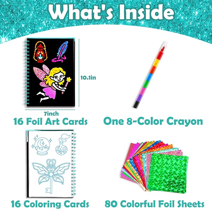 FUNNYB&G Foil Art Craft Kit for Girls 4-10 Years Old: Mess-Free & No-Glue, Create 16 Sparkly Fairy Pictures – Perfect Travel Toy & Birthday Gift for Kids（Fairy）