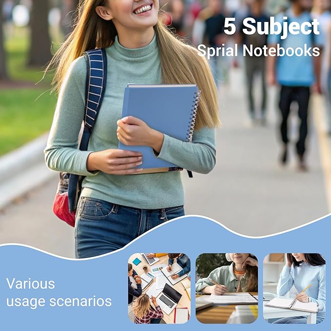 FLYING EAGLE Small Spiral Notebook 5 Subject Notebook Wide Ruled with Dividers Tabs Waterproof Plastic Cover Thick Paper Notebooks for Work School, 7x10 Blue