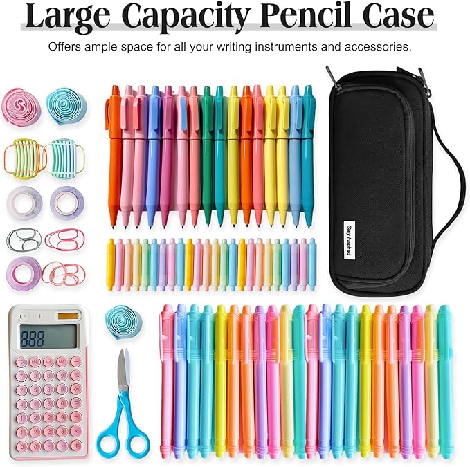 Ralnitote Large Pencil Case for Girls and Boys, Aesthetic Pencil Case Organizer with Handle, Cute Pencil Pouch for School & Office Supplies-Black