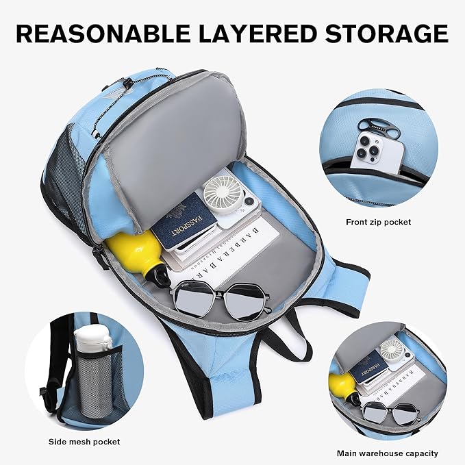 Ultra-Light Soft Daypack 15L/20L, Cushioned Breathable Back Panel Backpack, Lightweight Packable Travel Backpack (Sky Blue, 15L)